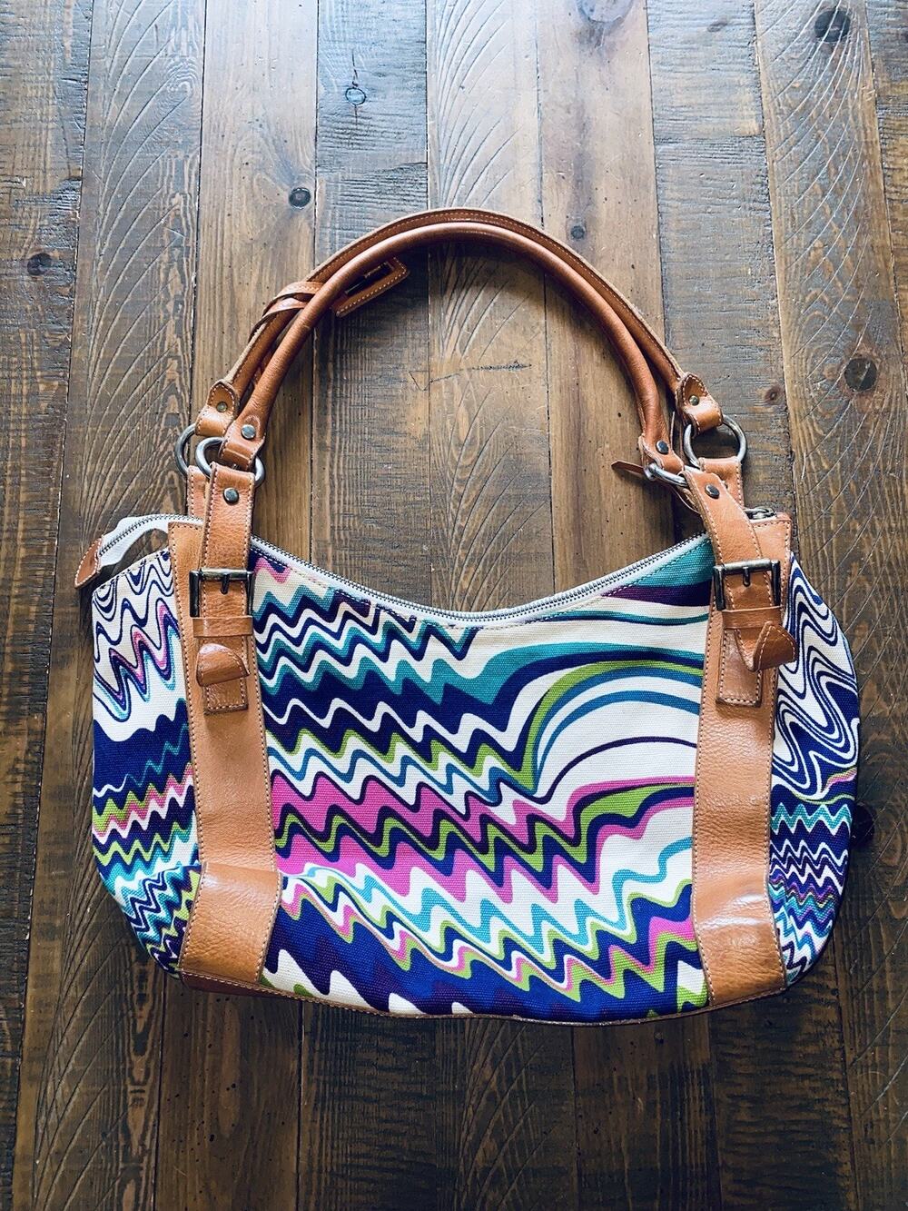 M Missoni Womens Leather Trim Multi Color Shoulder Handbag Brown Made In Italy